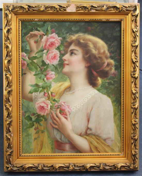 Emile Vernon (1872-1919) Lady picking pink roses, 25 x 19in.